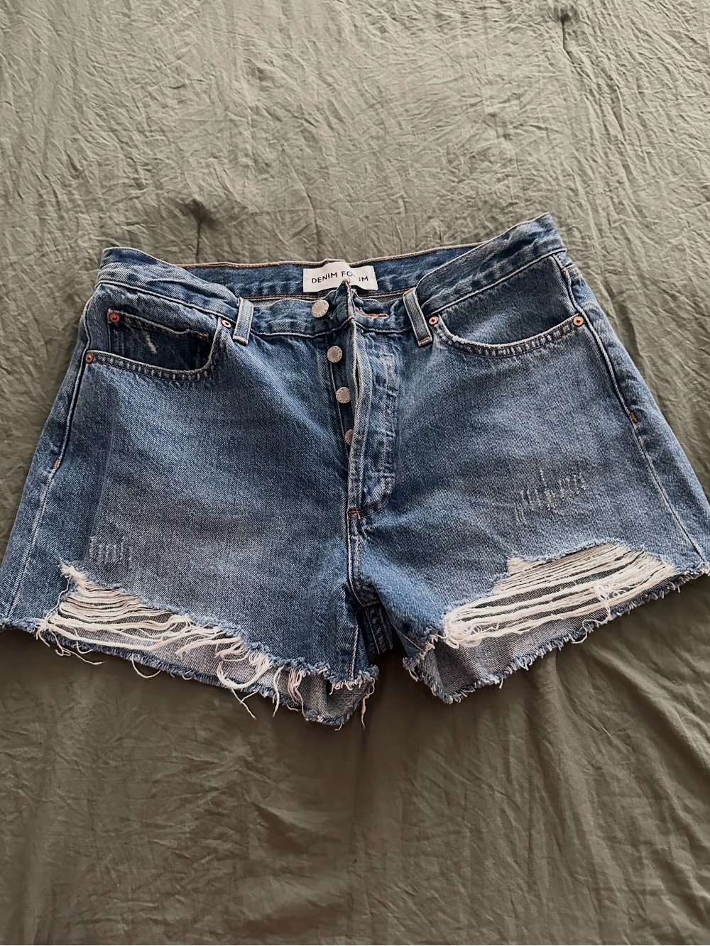 Denim Forum Distressed High-Rise Blue Jean Cutoff Shorts